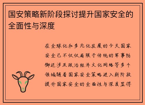 国安策略新阶段探讨提升国家安全的全面性与深度