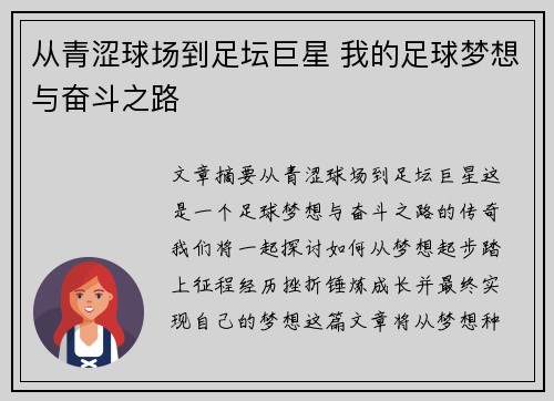 从青涩球场到足坛巨星 我的足球梦想与奋斗之路